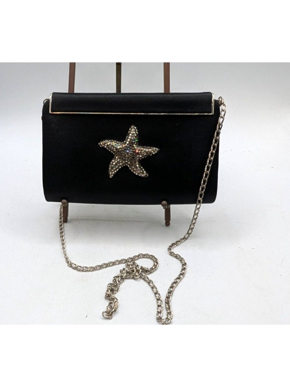 Eliza Gray Starfish Crystal Embellished Black Satin Evening Bag W Silver Chain - Picture 2 of 15
